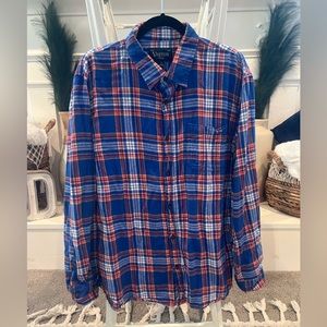 Men’s Visitor Premium Flannel Button Down Shirt Cotton Blue and Orange XL